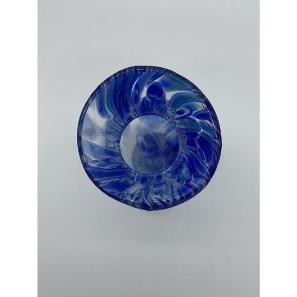 Hand Blown Art Glass Blue Swirl Clear Footed Vase 5.5” Tall - Picture 3 of 5